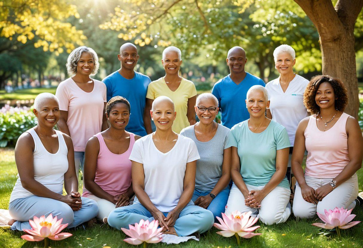 A diverse group of cancer survivors gathered in a supportive environment, sharing stories and resources. Include symbols of strength and resilience, such as a blooming lotus flower and warm sunlight filtering through trees. The background features a serene park setting with vibrant colors representing hope and community. super-realistic. vibrant colors. warm tones.