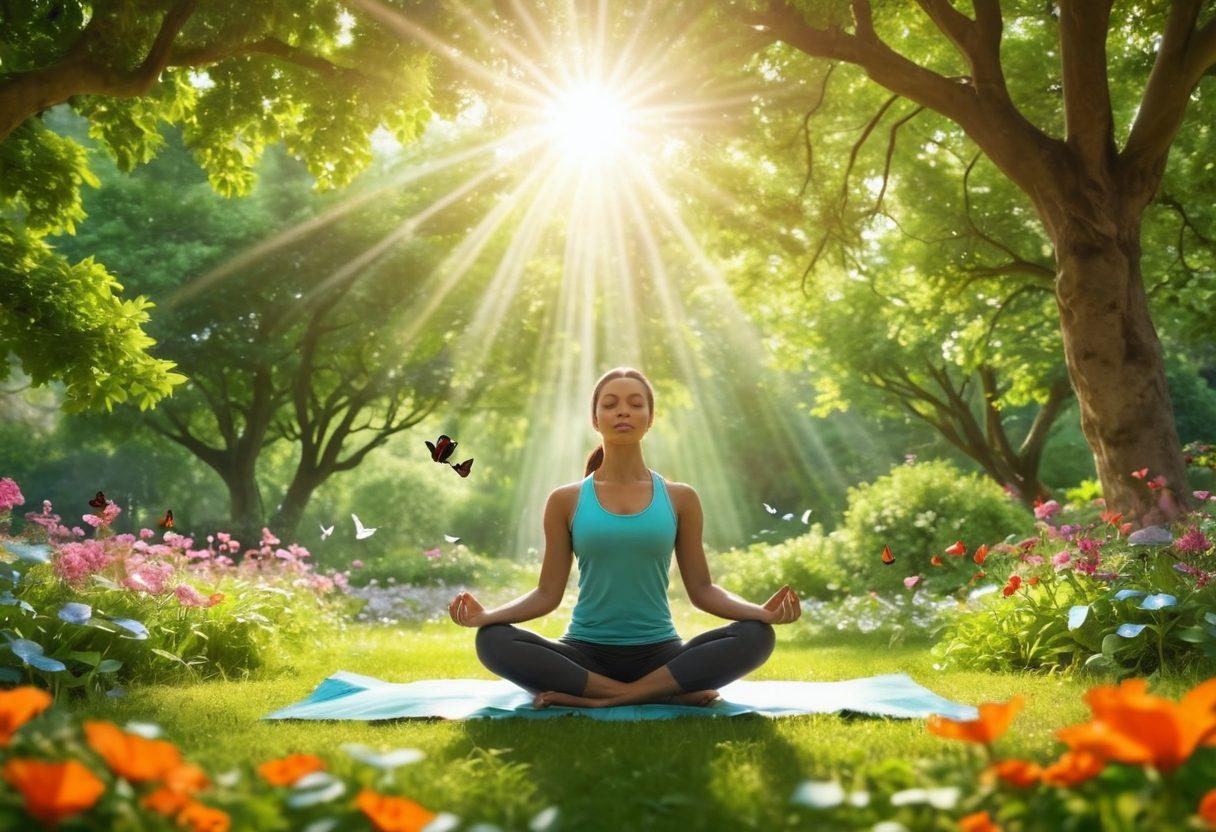 A serene scene depicting a vibrant, healthy lifestyle: a person meditating in a lush green park, surrounded by blooming flowers and butterflies, with rays of sunlight filtering through the trees. In the background, subtle images of a healthy meal and fitness activities, symbolizing resilience and wellness. The atmosphere should convey tranquility and strength. super-realistic. vibrant colors. nature-themed.
