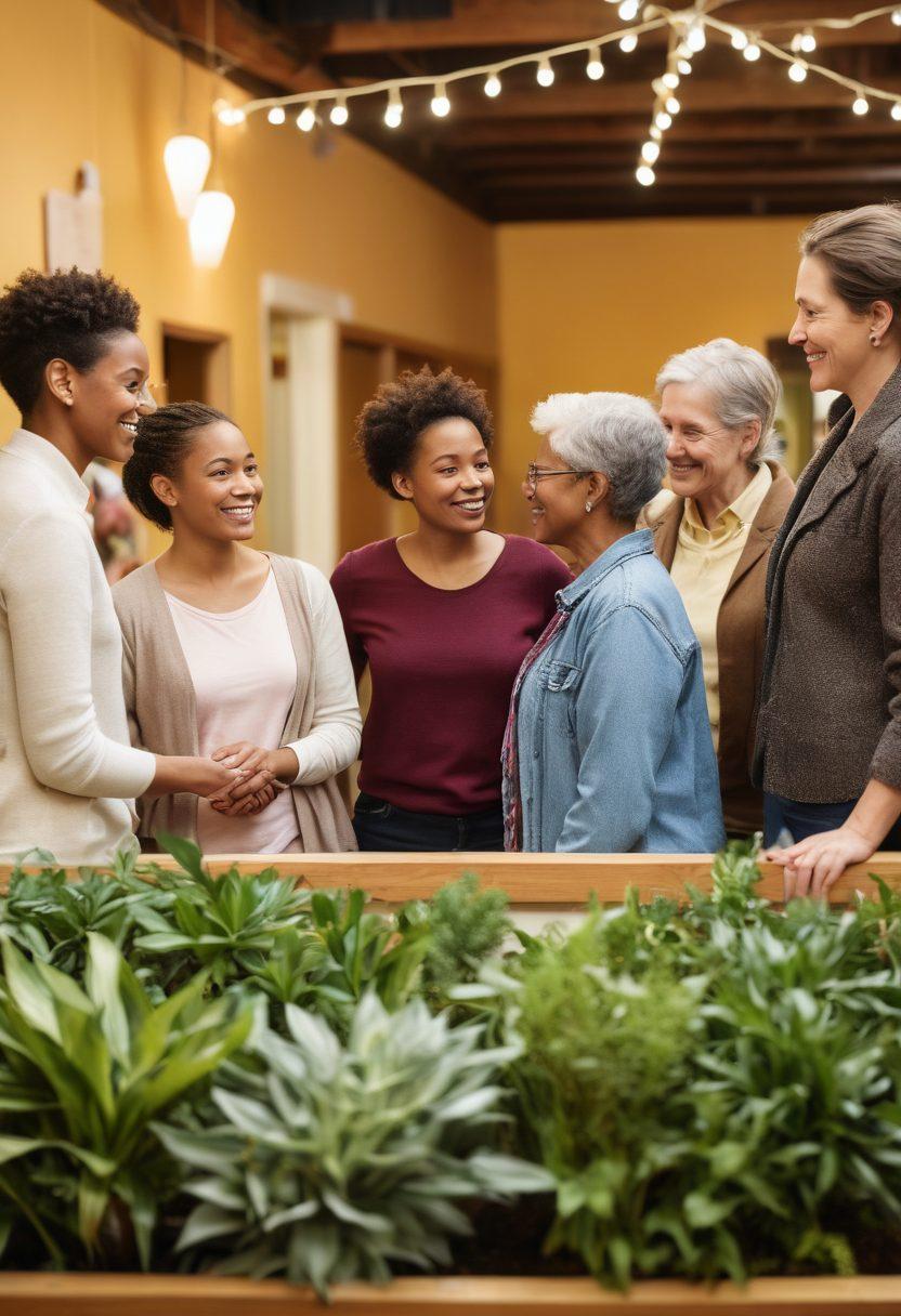 A diverse group of individuals engaged in heartfelt conversation in a cozy community center filled with plants and soft lighting, symbolizing connection and support. Include an oncology awareness ribbon in the background and a bulletin board with community event flyers. Emphasize warmth, unity, and dialogue, showcasing different age groups and ethnicities. whimsical style. warm colors. soft focus.